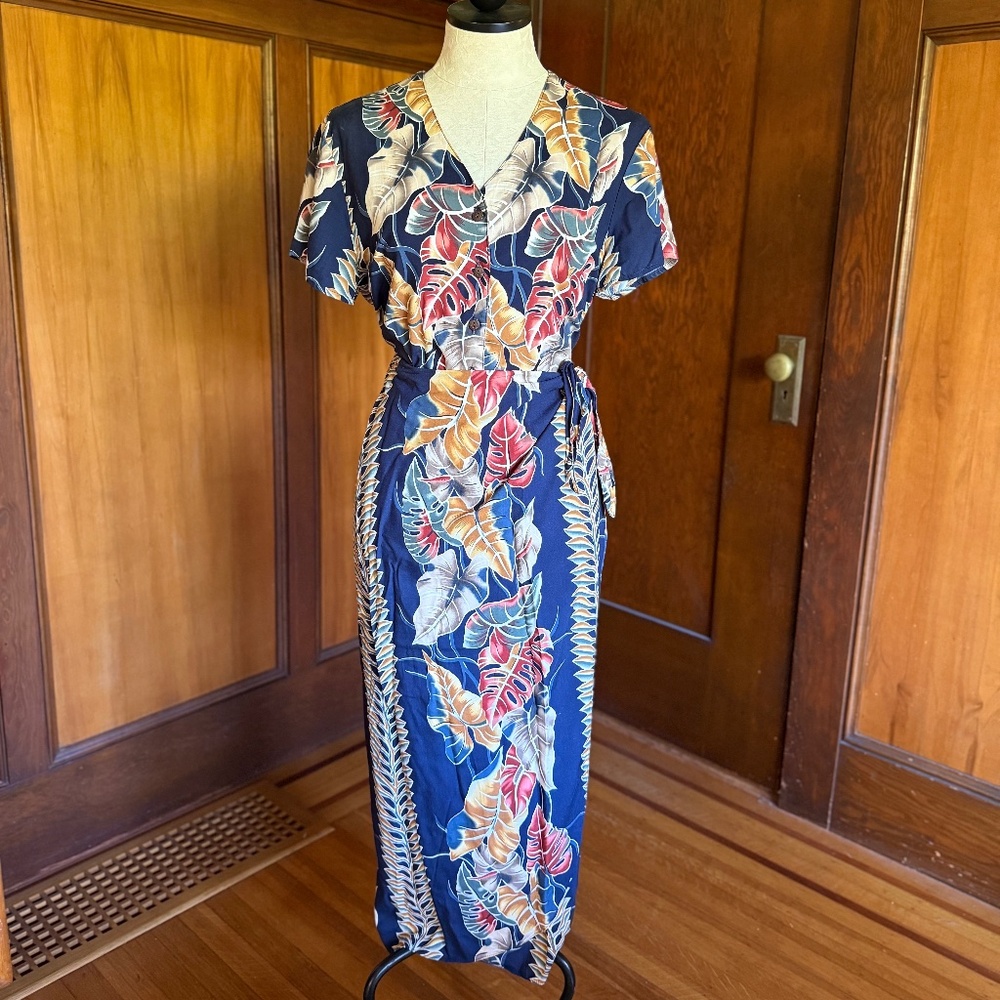 Hawaiian Originals Matching Set, Blue Tropical Top & Wrap Sarong Skirt, Sz Med